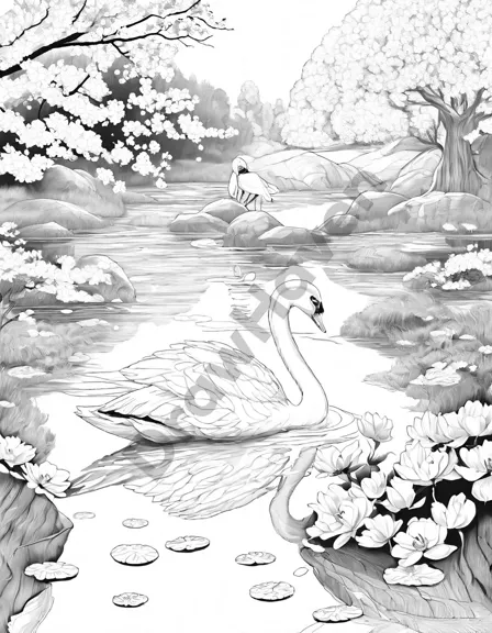tranquil garden scene with cherry blossoms falling, reflective pond, and graceful swan gliding on water - coloring book illustration in black and white