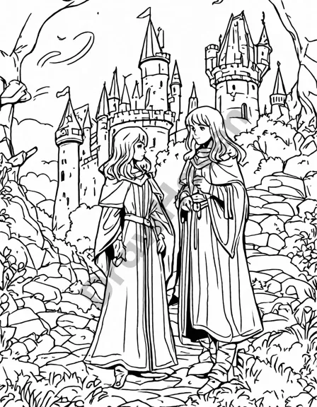 coloring page featuring wizards and knights preparing for battle with a mystical castle background in black and white