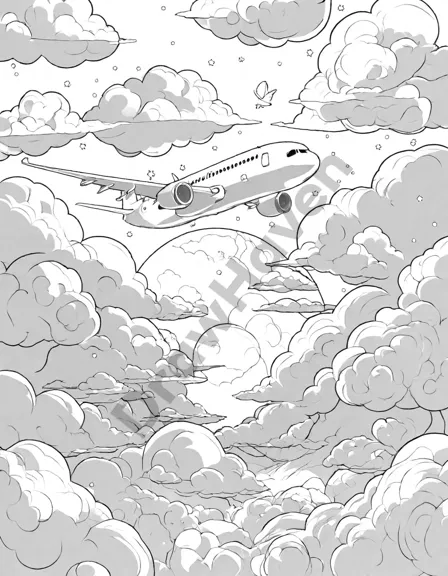 coloring page of airplane flying above clouds with sun, inviting creativity in coloring sky hues in black and white