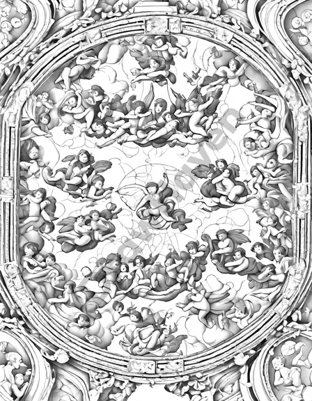 michelangelo's sistine chapel coloring adventure, featuring intricate ceiling frescoes depicting humanity's spiritual journey in black and white