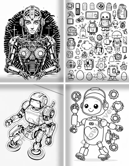 Coloring page collection thumbnail Robots and Gadgets in black and white