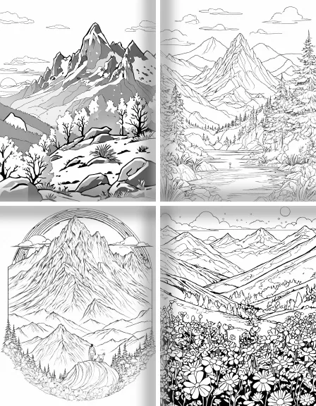 Coloring page collection thumbnail Majestic Mountains in black and white