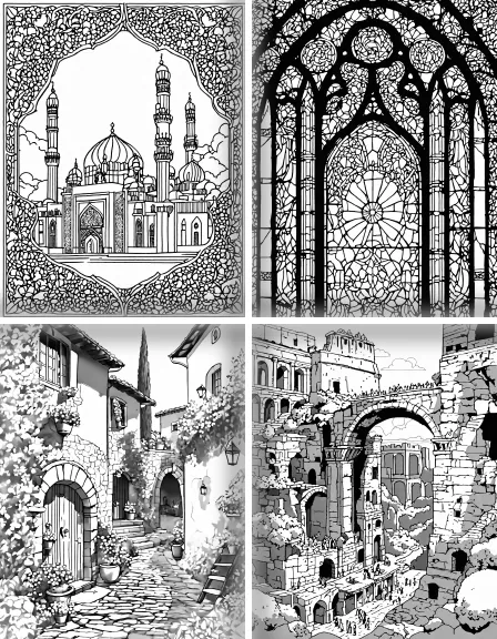 Coloring page collection thumbnail Ornate Architecture in black and white