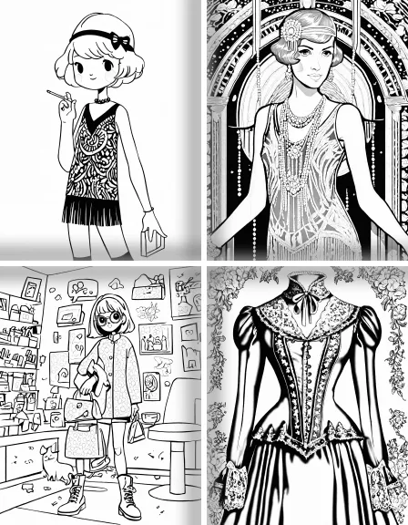 Coloring page collection thumbnail Vintage Fashion in black and white