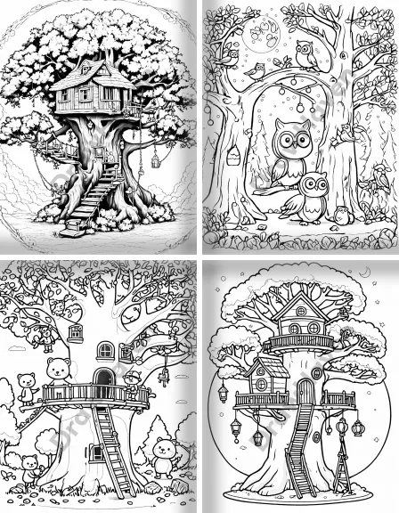 Coloring page collection thumbnail Treehouse Adventures in black and white