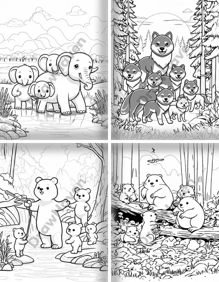 Coloring page collection thumbnail Animal Families in black and white