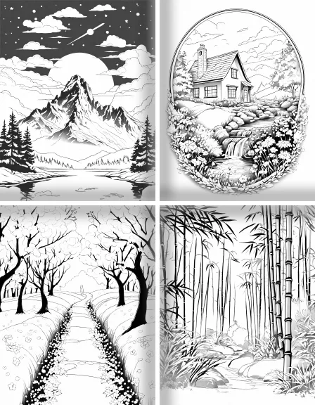 Coloring page collection thumbnail Serene Landscapes in black and white