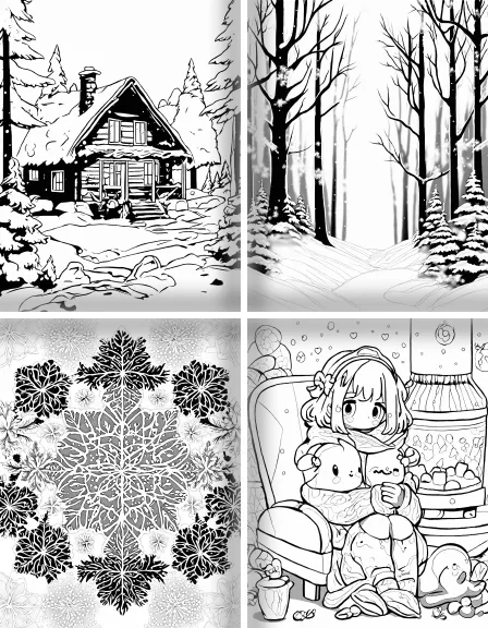 Coloring page collection thumbnail Cozy Winter Scenes in black and white