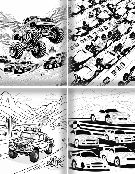 Coloring page collection thumbnail Race Cars and Trucks in black and white