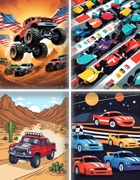 Coloring page collection thumbnail Race Cars and Trucks in color