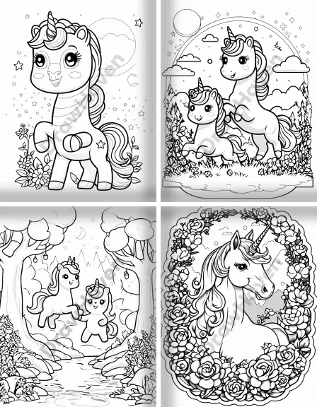 Coloring page collection thumbnail Magical Unicorns in black and white