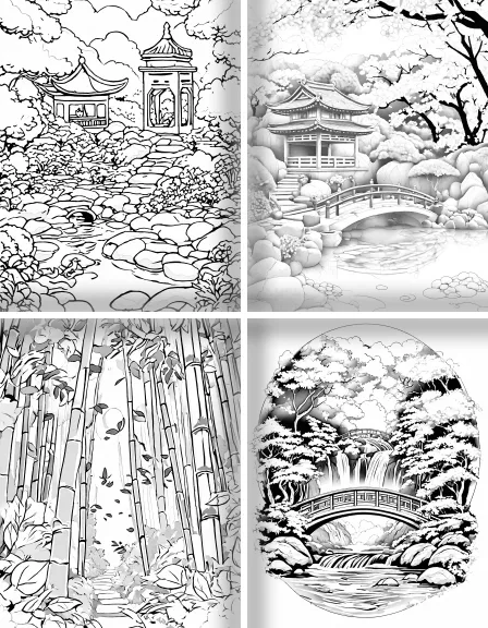 Coloring page collection thumbnail Japanese Gardens in black and white