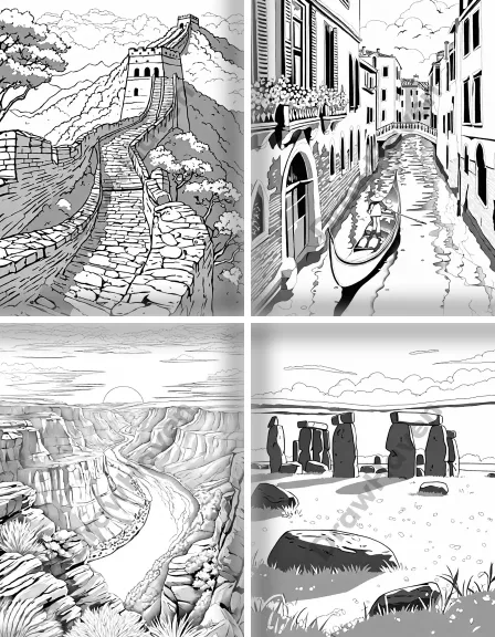 Coloring page collection thumbnail World Landmarks in black and white