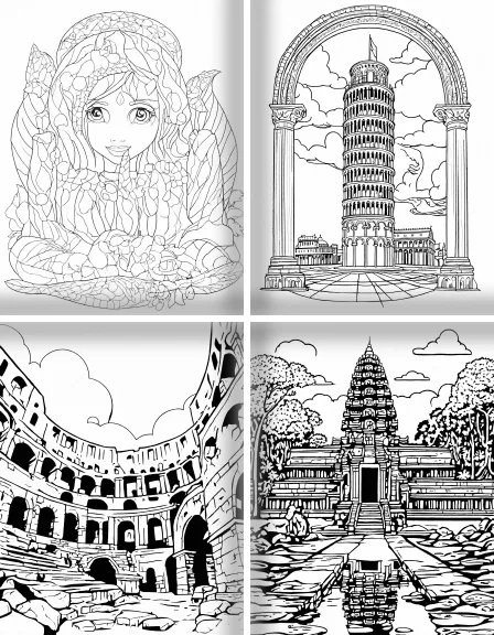 Coloring page collection thumbnail Famous World Landmarks in black and white