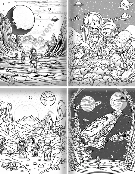 Coloring page collection thumbnail Space Explorers in black and white