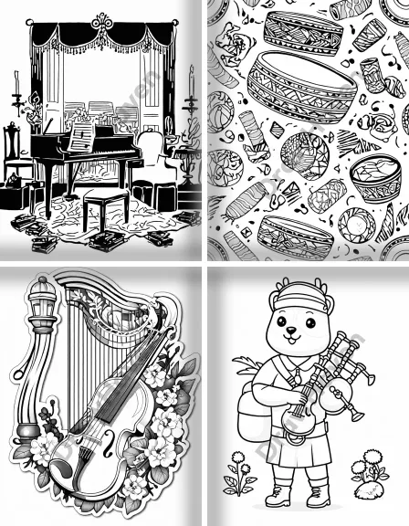 Coloring page collection thumbnail Musical Instruments in black and white