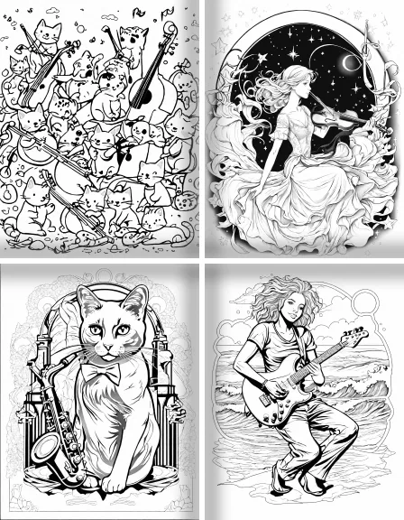 Coloring page collection thumbnail Music and Instruments in black and white