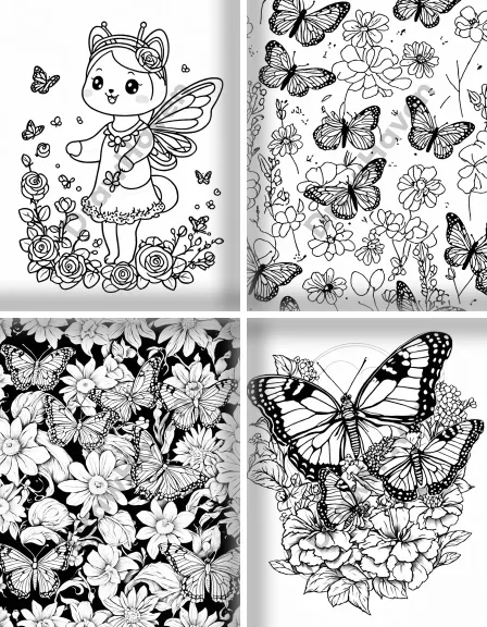 Coloring page collection thumbnail Butterflies and Flowers in black and white