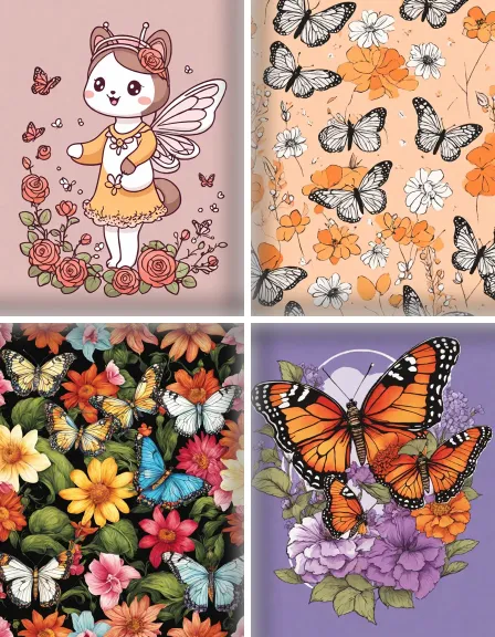 Coloring page collection thumbnail Butterflies and Flowers in color