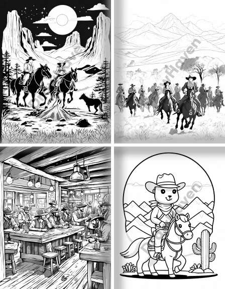 Coloring page collection thumbnail Wild West Cowboys and Cowgirls in black and white