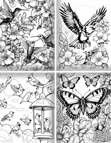 Coloring page collection thumbnail Garden Birds and Wildlife in black and white