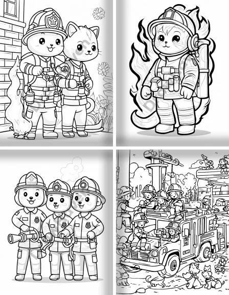 Coloring page collection thumbnail Firefighters in Action in black and white