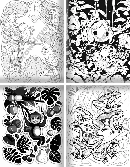 Coloring page collection thumbnail Rainforest Animals in black and white