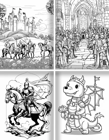 Coloring page collection thumbnail Medieval Knights and Dragons in black and white