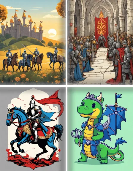 Coloring page collection thumbnail Medieval Knights and Dragons in color