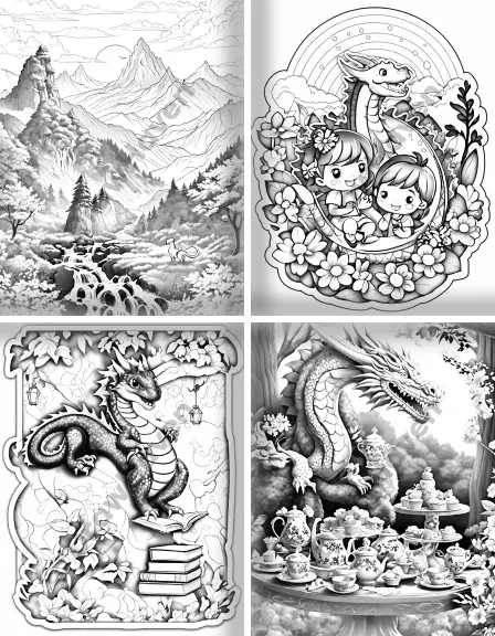 Coloring page collection thumbnail Friendly Dragons in black and white