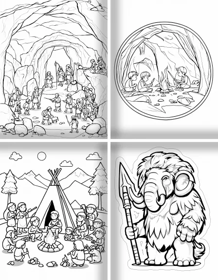 Coloring page collection thumbnail Prehistoric Cavemen in black and white