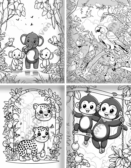 Coloring page collection thumbnail Jungle Safari in black and white