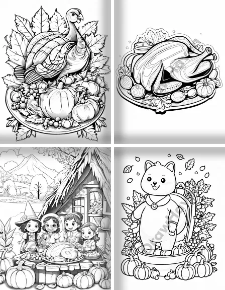 Coloring page collection thumbnail Thanksgiving Feast in black and white