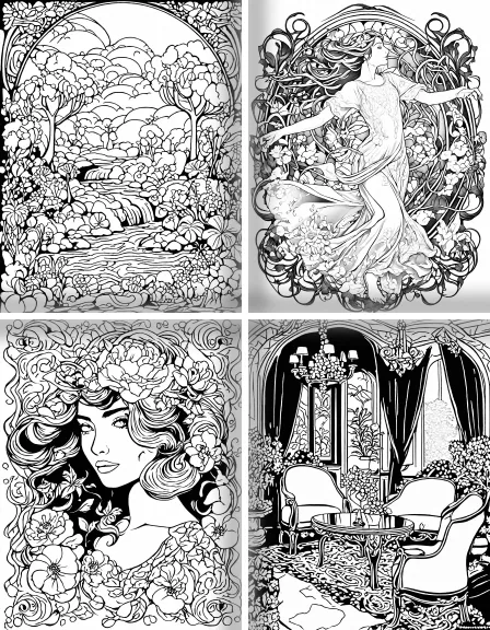 Coloring page collection thumbnail Art Nouveau Styles in black and white