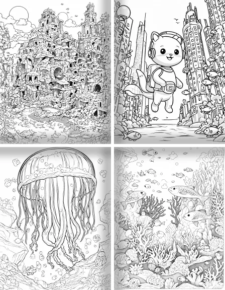 Coloring page collection thumbnail Underwater City in black and white