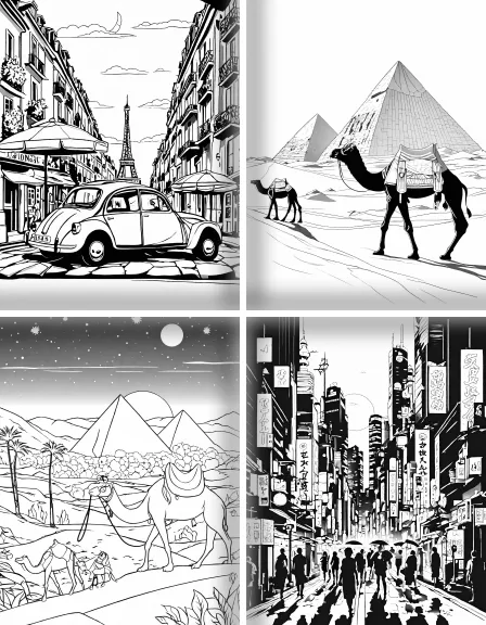 Coloring page collection thumbnail World Travel Destinations in black and white