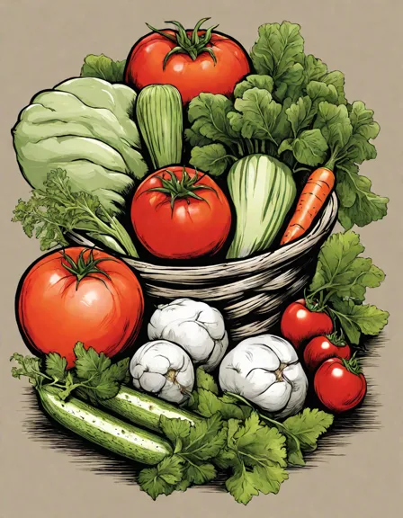 coloring book page featuring a basket of assorted, detailed vegetables for creative coloring in color