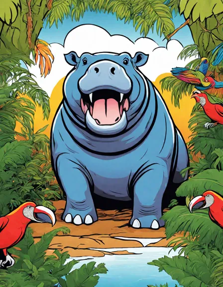 coloring page of a yawning hippopotamus surrounded by vibrant birds and lush jungle foliage in color