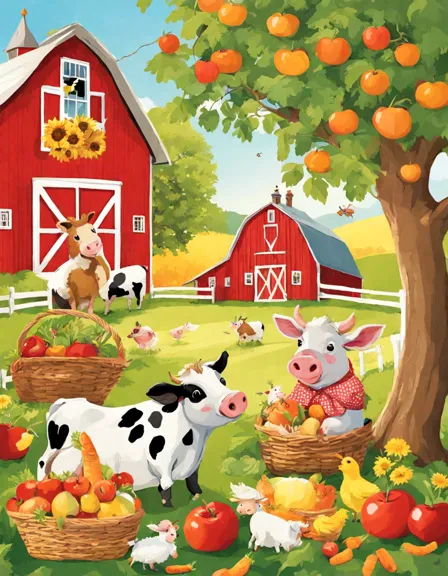 Coloring book image of farm animals enjoy a picnic with fresh produce under a tree, near a red barn and sunflower field in color