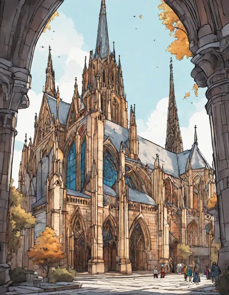 gothic cathedral coloring page with intricate details - spires, flying buttresses, stained glass windows, tracery, and sculptures in color