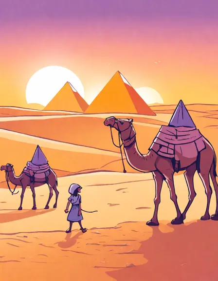 coloring page of the great pyramids of giza at sunset with camels and riders in the foreground in color