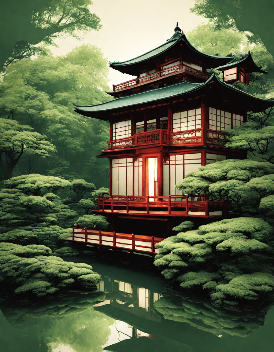 Coloring book image of serene japanese teahouse amidst a tranquil pond, surrounded by intricate latticework and verdant foliage in color