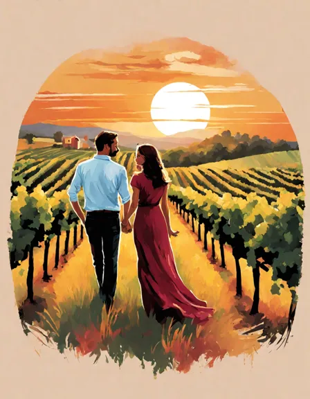 Coloring book image of serene vineyard sunset with a couple toasting amid grapevines in color