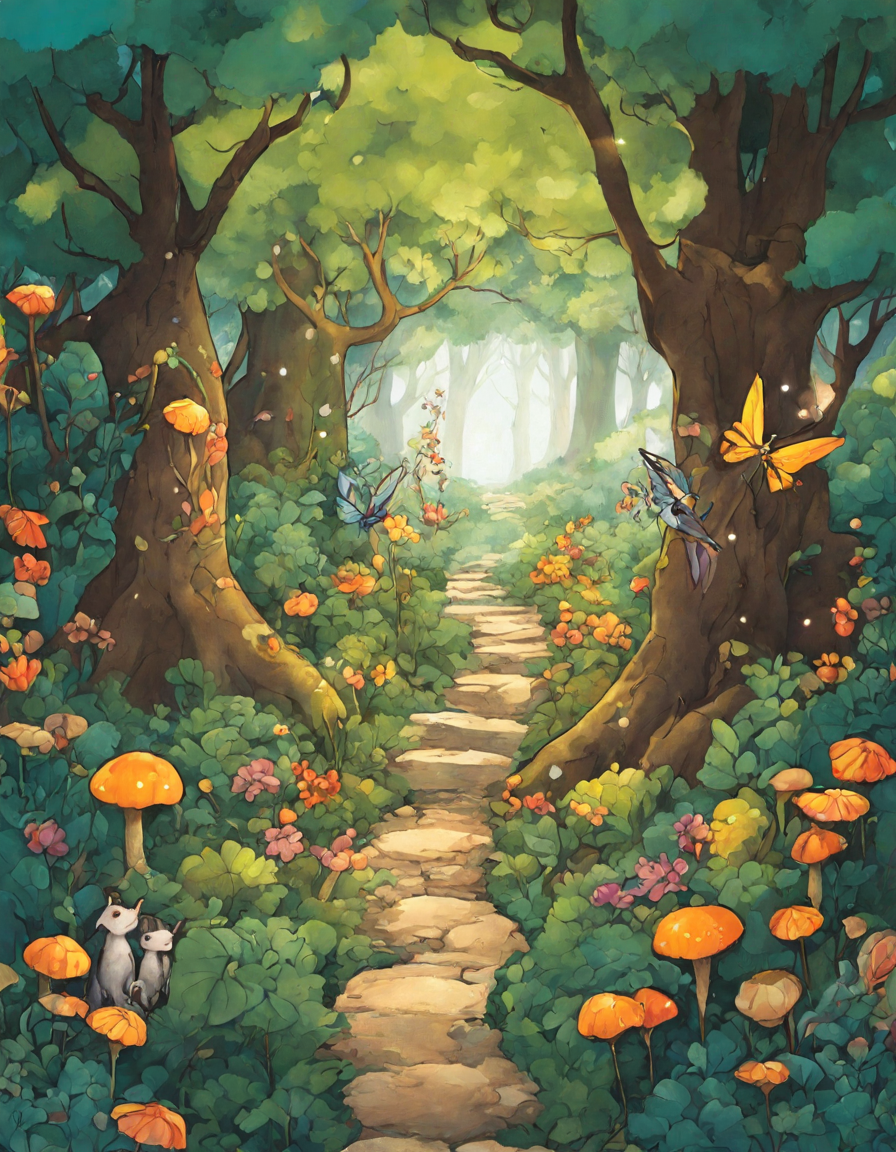 mystical coloring scene of a hidden path winding through an enchanted forest, leading to a secret fairy realm amidst vibrant blooms, sparkling crystals, and twinkling fireflies in color