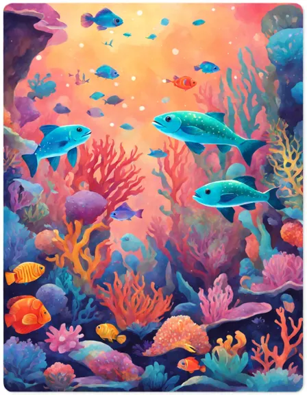 Coloring book image of vibrant underwater scene with colorful corals, fish, and anemones in color