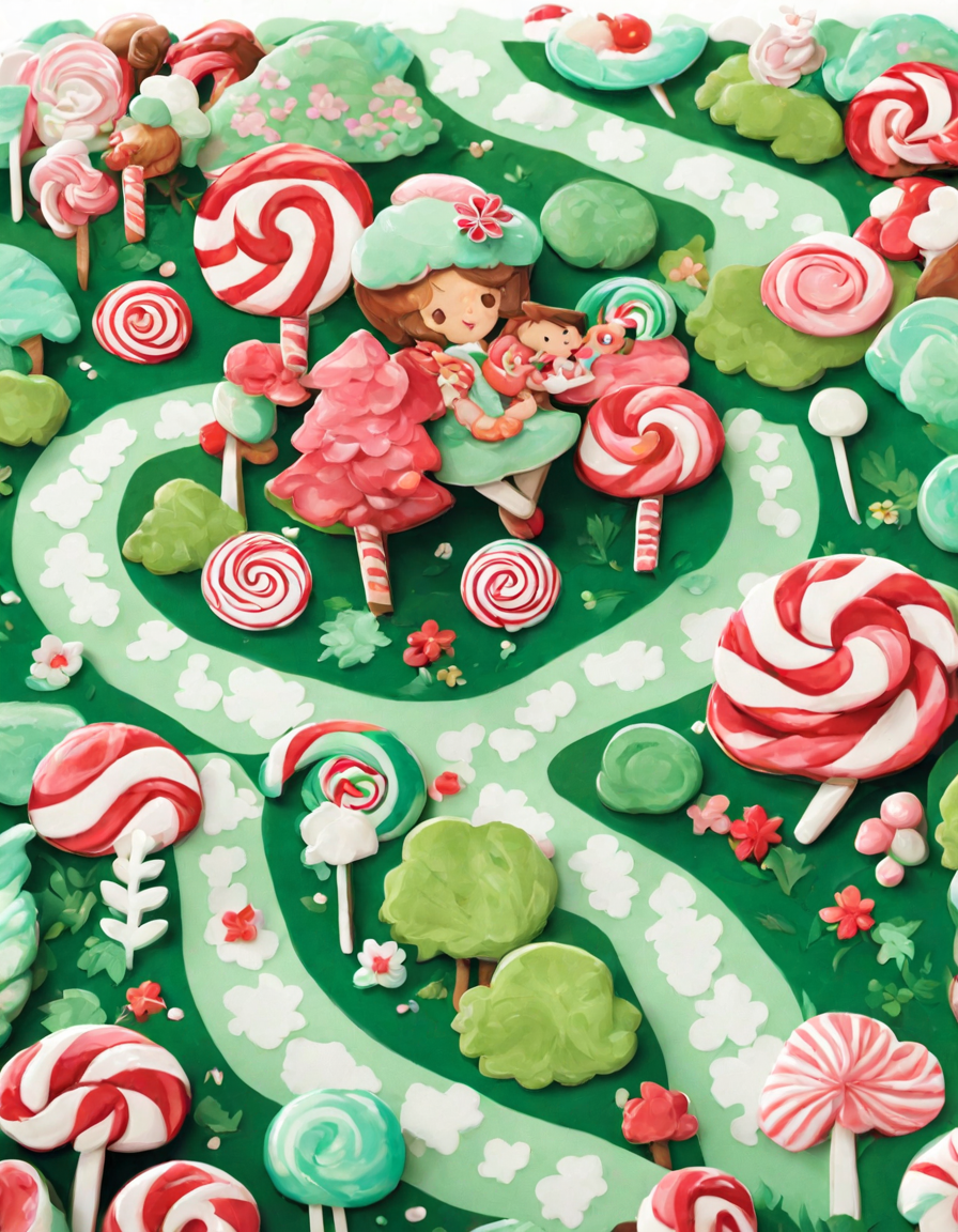 coloring book page of minty meadow in candy land with peppermint flowers and chocolate soil patches in color