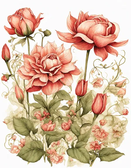 intricate floral coloring page featuring roses, dahlias, and tulips in color