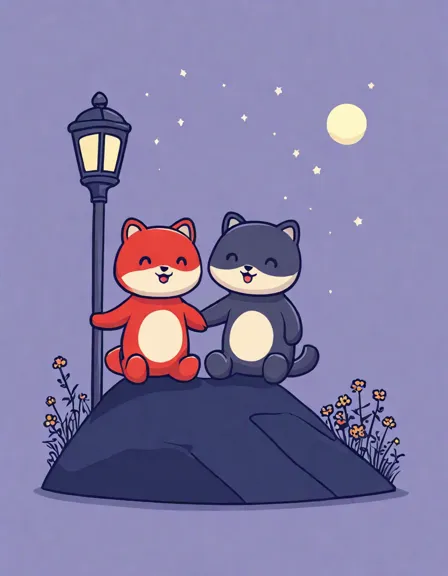 valentine's day coloring page featuring lovers under stars with a lamppost in color
