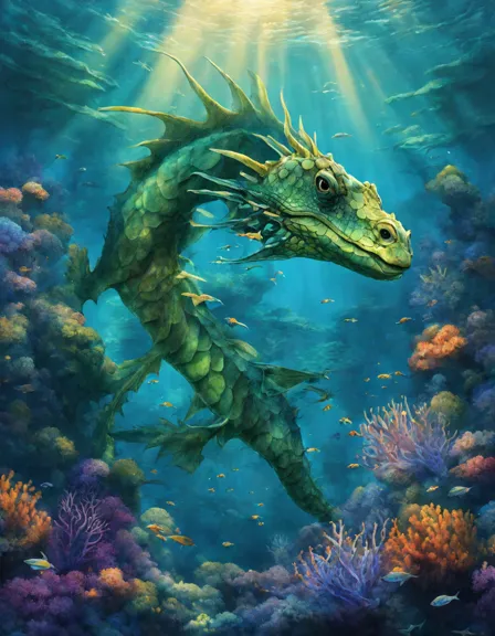 Coloring book image of illustration of an underwater sea dragon's lair with coral towers and colorful sea dragons in color