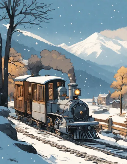 vintage steam train in a snowy landscape coloring page with glowing windows in color